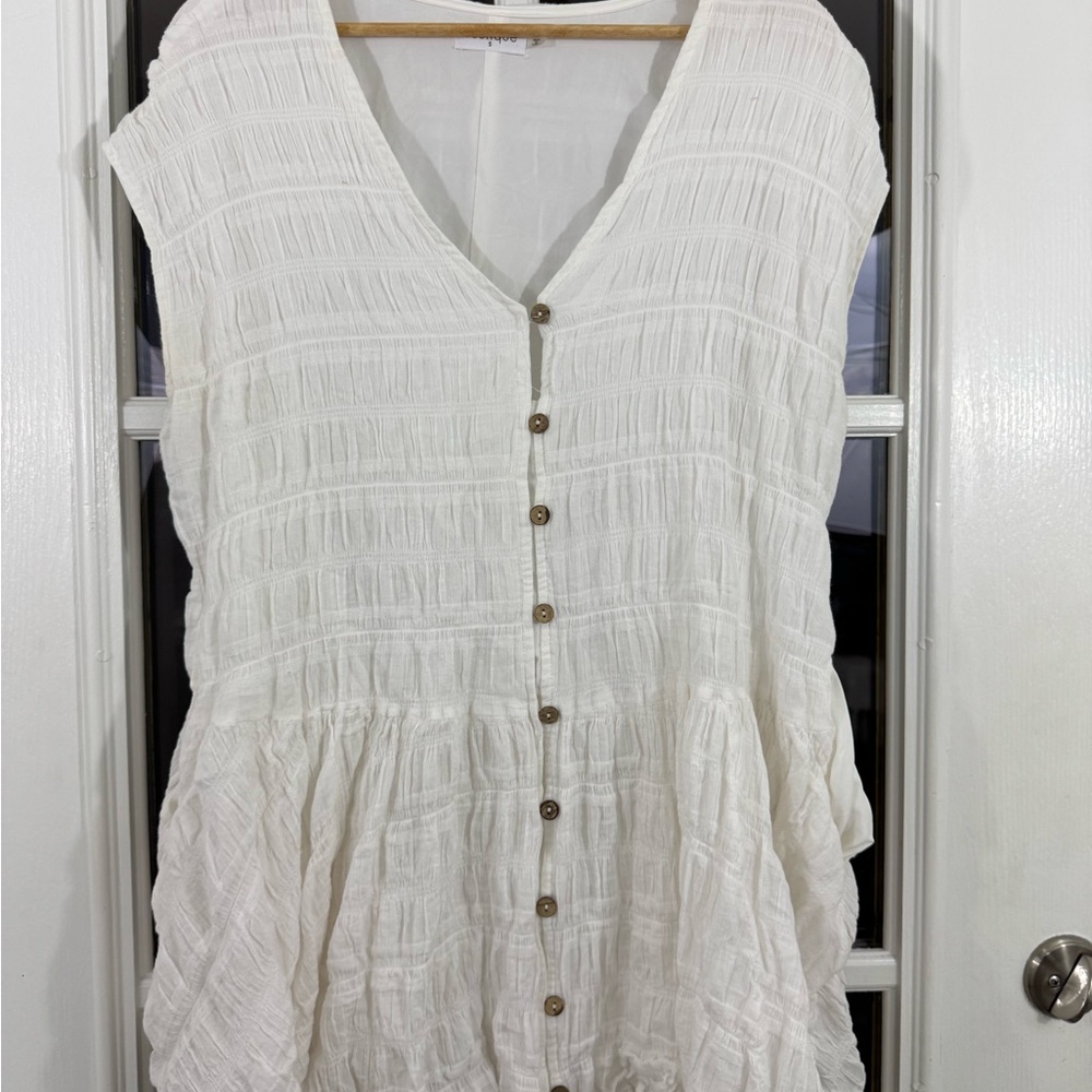 White Crinkle Smocked Button Front V Neck Cotton mini dress/tunic top sz S